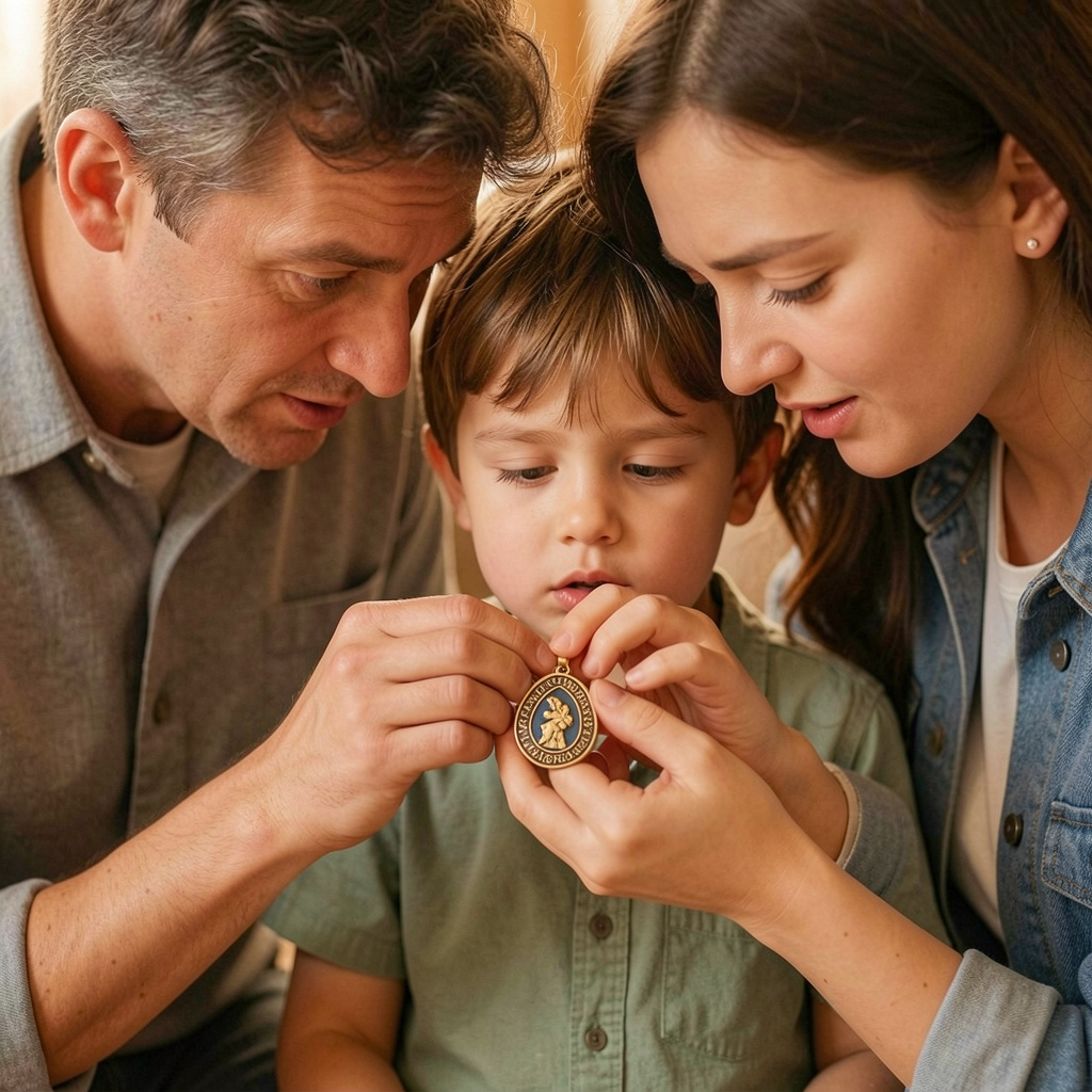 An image of parents surprising young son with a keepsake pendant, emotional close-up, soft warm colors
