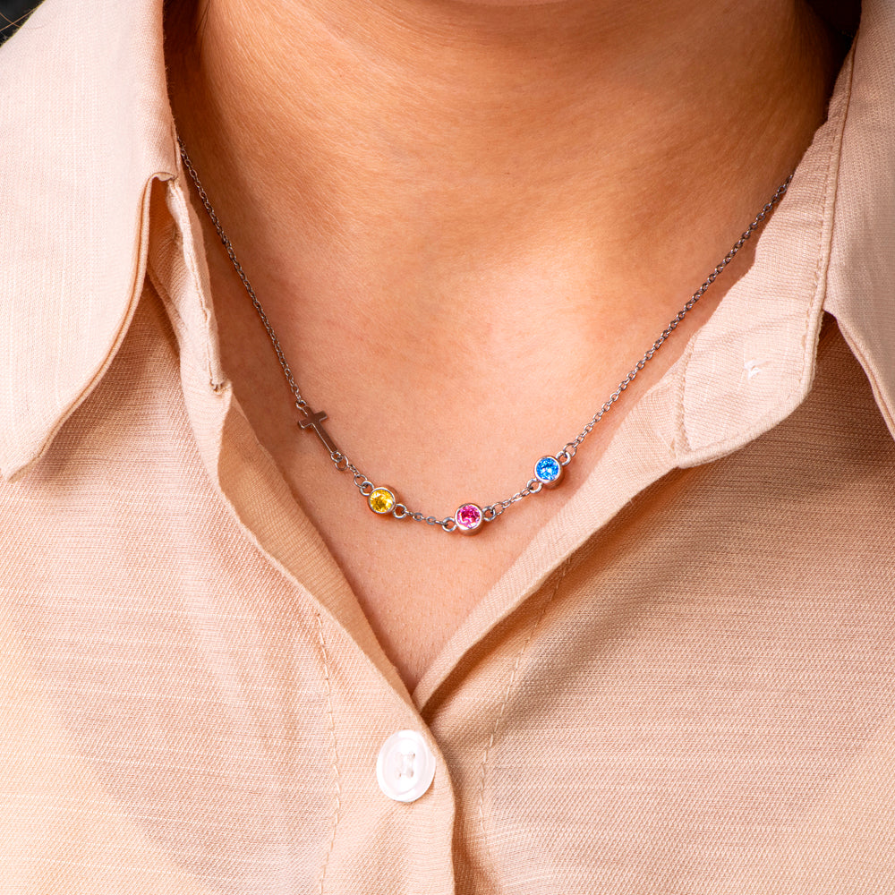 [Custom Birthstone] To My Best Friend "Not sisters by blood but sisters by heart" Cross Necklace