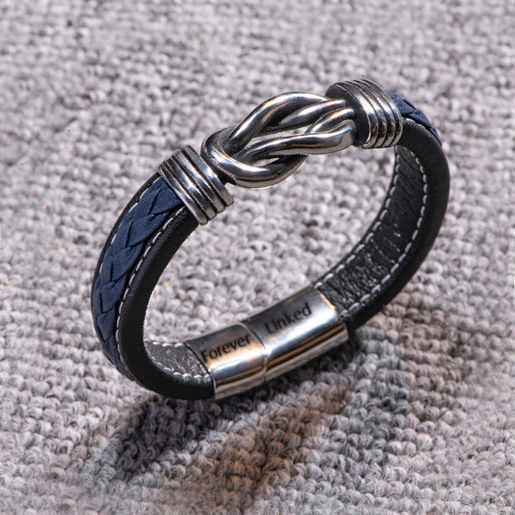 Detailed close-up of the braided leather on the son bracelet from mom.