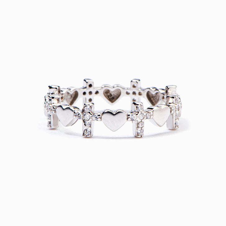 Prayer Ring close-up on white background - cross heart design.