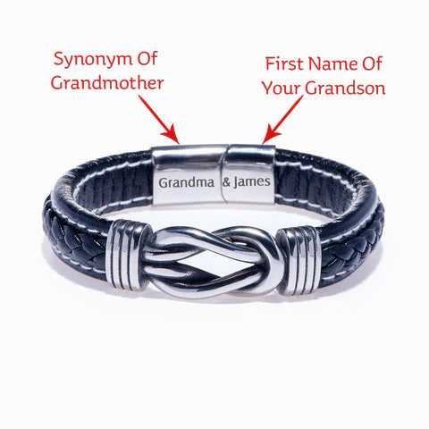 [Custom Name] To My Grandson "Forever Linked Together." Leather Braided Bracelet