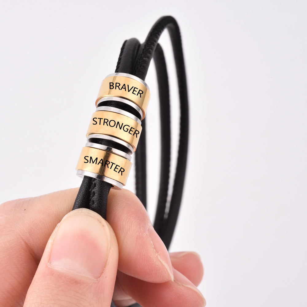 Close-up detail of motivational message on grandson bracelet