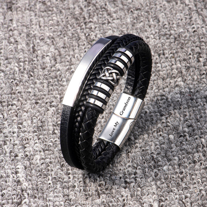 Close-up detail of braided leather grandson jewelry