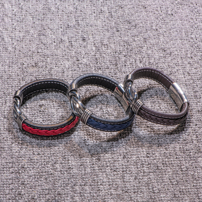 Detailed close-up of the braided leather on the son bracelet from mom.