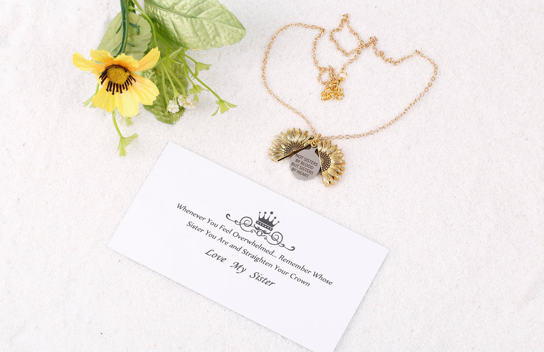NOT SISTERS BY BLOOD BUT SISTERS BY HEART SUNFLOWER NECKLACE - SARAH'S WHISPER