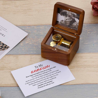 [Optional Address And Upload Photo] To My GRANDSON "The love between a [grandma] and grandson is forever" Wooden Music Box [💞 Music Box +💌 Gift Card + 🎁 Gift Box + 💐 Gift Bouquet] - SARAH'S WHISPER