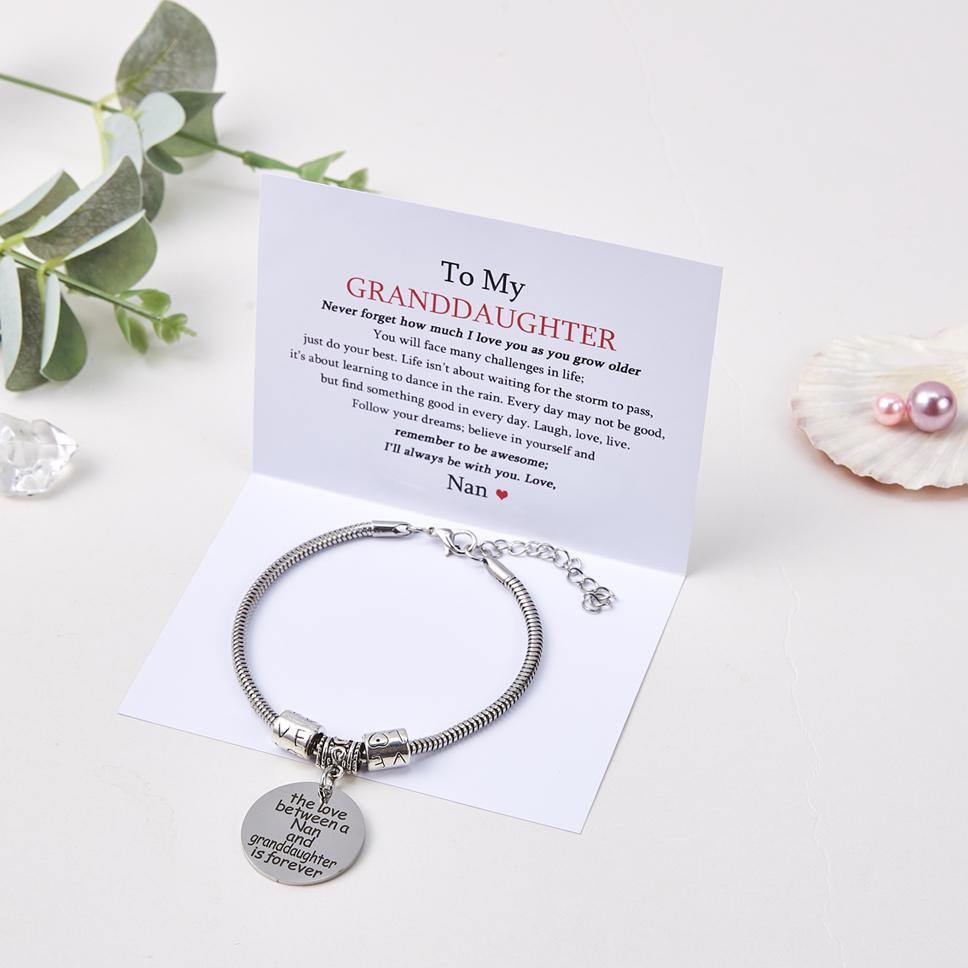 [CUSTOM NAME] TO MY GRANDDAUGHTER "the love between a Nan and granddaughter is forever" Bracelet - SARAH'S WHISPER