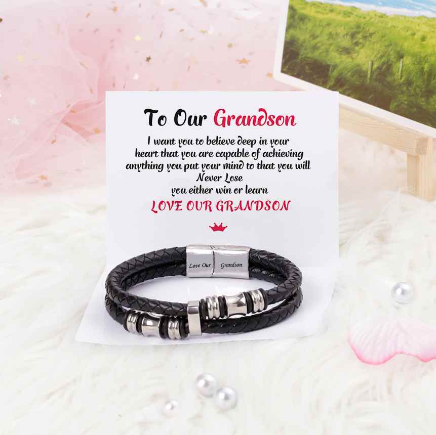 To Our Grandson "Love Our Grandson" Men's Bracelet [💞 Bracelet +💌 Gift Card + 🎁 Gift Box + 💐 Gift Bouquet] - SARAH'S WHISPER