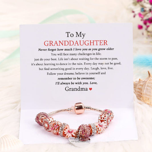 [Custom Name And Optional Address] To My GRANDDAUGHTER "The love between a [grandma] and granddaughter is forever" Lucky Flower Bracelet [💞 Bracelet +💌 Gift Card + 🎁 Gift Bag + 💐 Gift Bouquet] - SARAH'S WHISPER
