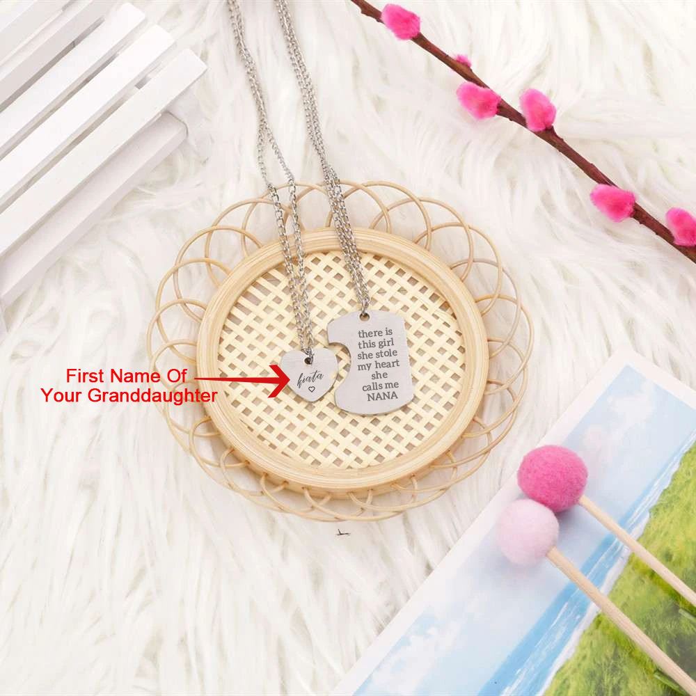 [Custom Name And Optional Address] To My GRANDDAUGHTER "there is this girl she stole my heart she calls me [NANA]" Combination Necklace [💞 Necklace +💌 Gift Card + 🎁 Gift Box + 💐 Gift Bouquet] - SARAH'S WHISPER
