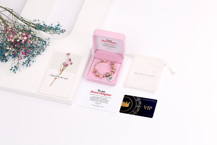 [Custom Name] To My Bonus Daughter "Bonus Daughter, I may not have given you the gift of life. But life gave me the gift of you" Lucky Flower Bracelet [💞 Bracelet +💌 Gift Card + 🎁 Gift Bag + 💐 Gift Bouquet] - SARAH'S WHISPER