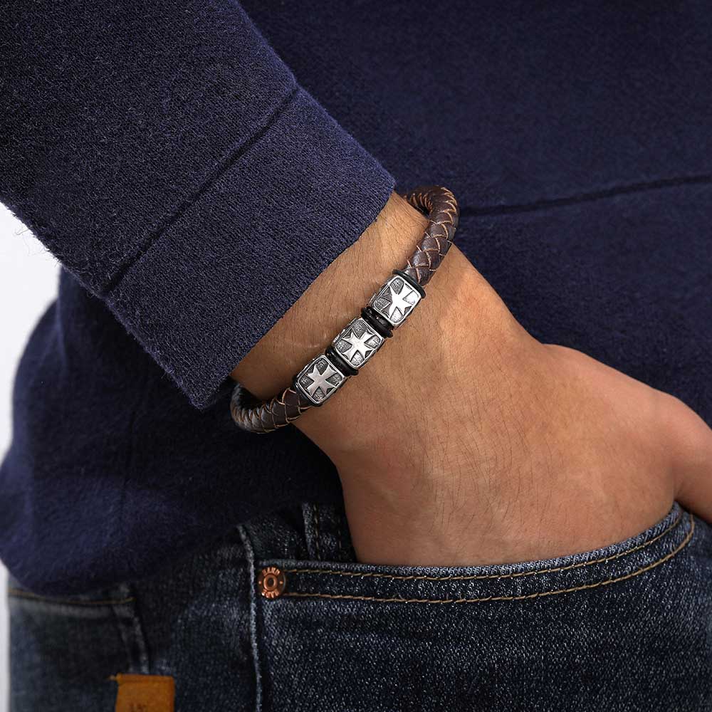 "To My Son 'Protection and Love' Cross Bracelet with three cross designs and a heartfelt message card."