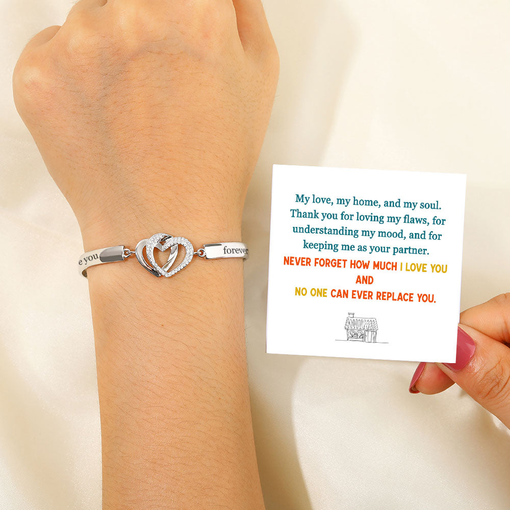 Design Interpretation: 'My love, my home, and my soul' Double Heart Bracelet - A heartfelt copper bracelet perfect for touching your partner's heart. This meaningful gift comes with a heartfelt greeting card, a gift box, and a gift bag, expressing deep love and appreciation. Suitable for all ages. Material: Copper. Processing Techniques: Plating."