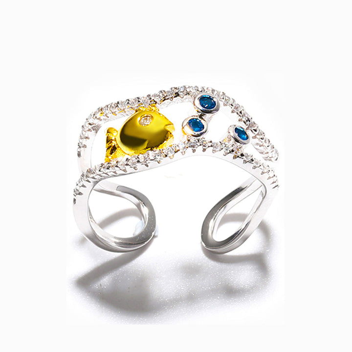 "Enjoy the bubbles of life" Bubble Fish Ring - Sterling silver ring with fish and bubbles design, symbolic of resilience and joy.