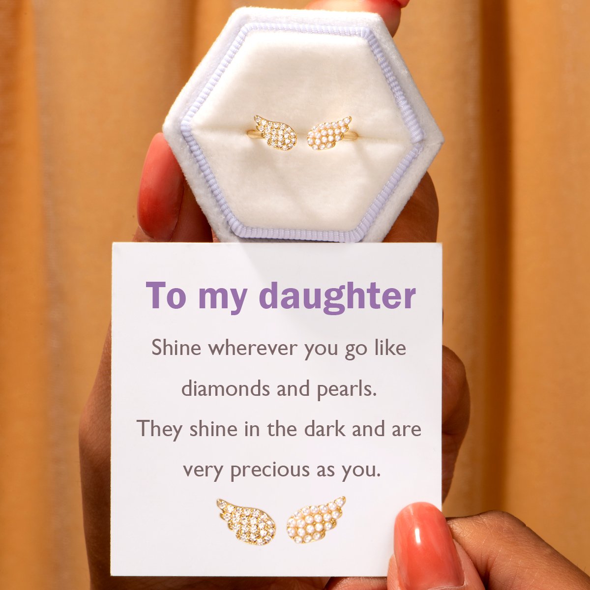 "To my daughter, shine wherever you go like diamonds and pearls. They shine in the dark and are very precious as you." Adjustable Ring