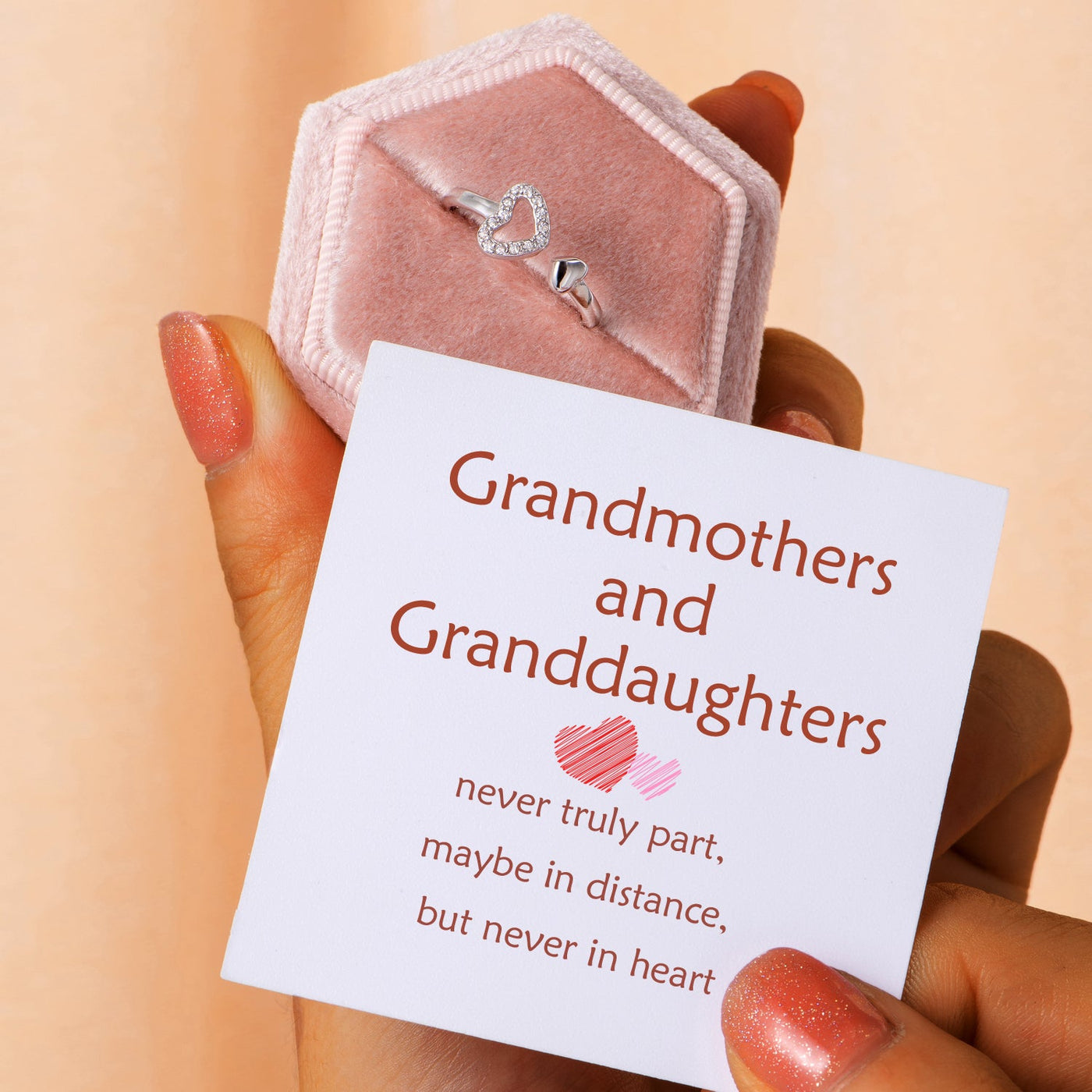 "Grandmothers and Granddaughters, never truly part, maybe in distance, but never in heart" Double Heart Ring