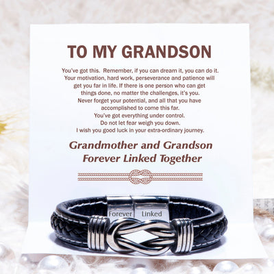 To My Grandson "Grandmother and Grandson Forever Linked Together" Leather Braided Bracelet