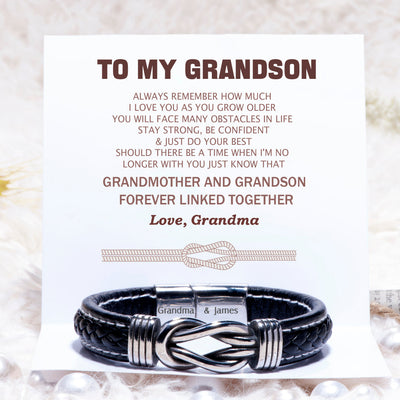 [Custom Name] To My Grandson "STAY STRONG, BE CONFIDENT & JUST DO YOUR BEST" Leather Braided Bracelet