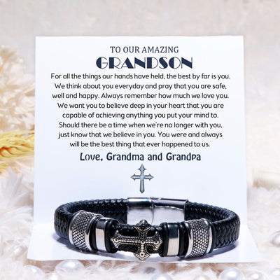 To Our Amazing Grandson "We believe in you" Cross Bracelet