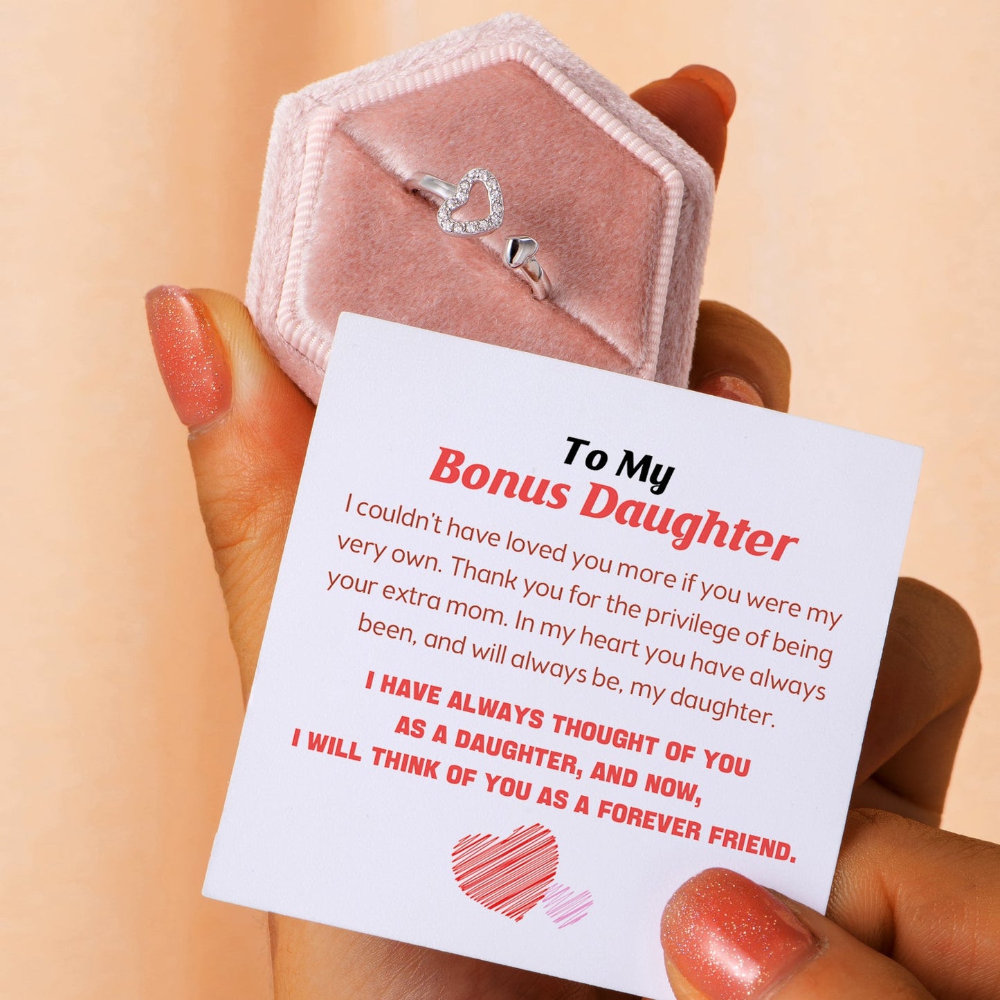 To My Bonus Daughter "I couldn't have loved you more if you were my very own. " Double Heart Ring