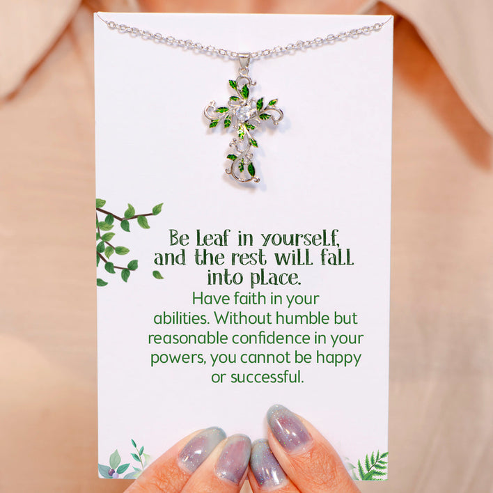 Gift card with inspirational message for this leaf necklace.