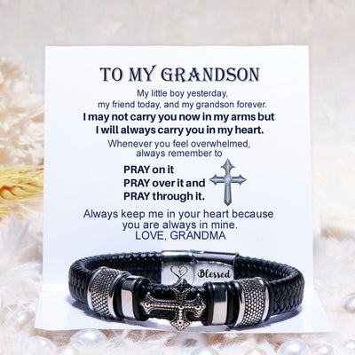 To My Grandson "PRAY ON IT PRAY OVER IT & PRAY THROUGH IT" Cross Bracelet