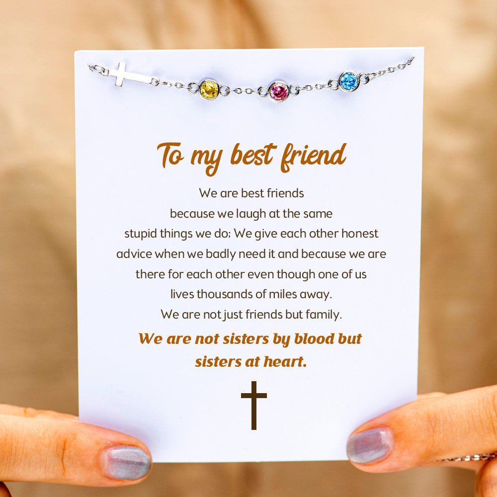 [Custom Birthstone] To My Best Friend "Not sisters by blood but sisters by heart" Cross Necklace