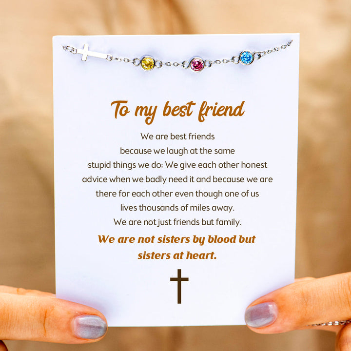 [Custom Birthstone] To My Best Friend "Not sisters by blood but sisters by heart" Cross Necklace