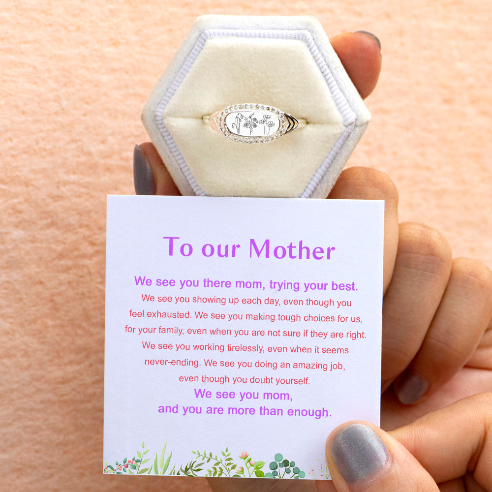 Gift card with loving message for this birth flower jewelry ring.
