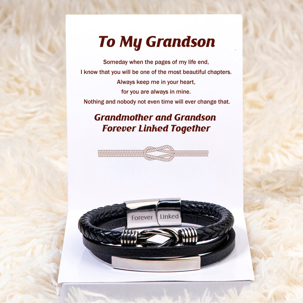 To My Grandson "Forever Linked Together" Leather Braided Bracelet