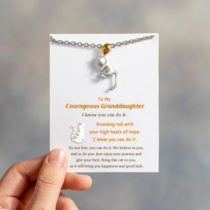To My Courageous Granddaughter "Happiness and Good Luck" Get Up Cat Necklace