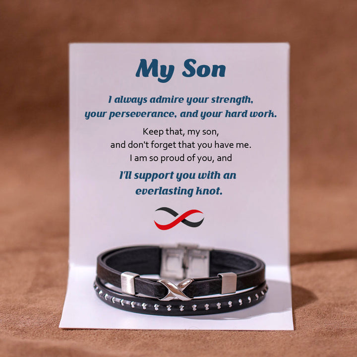 To My Son "I'll support you with an everlasting knot." Leather Knot Bracelet