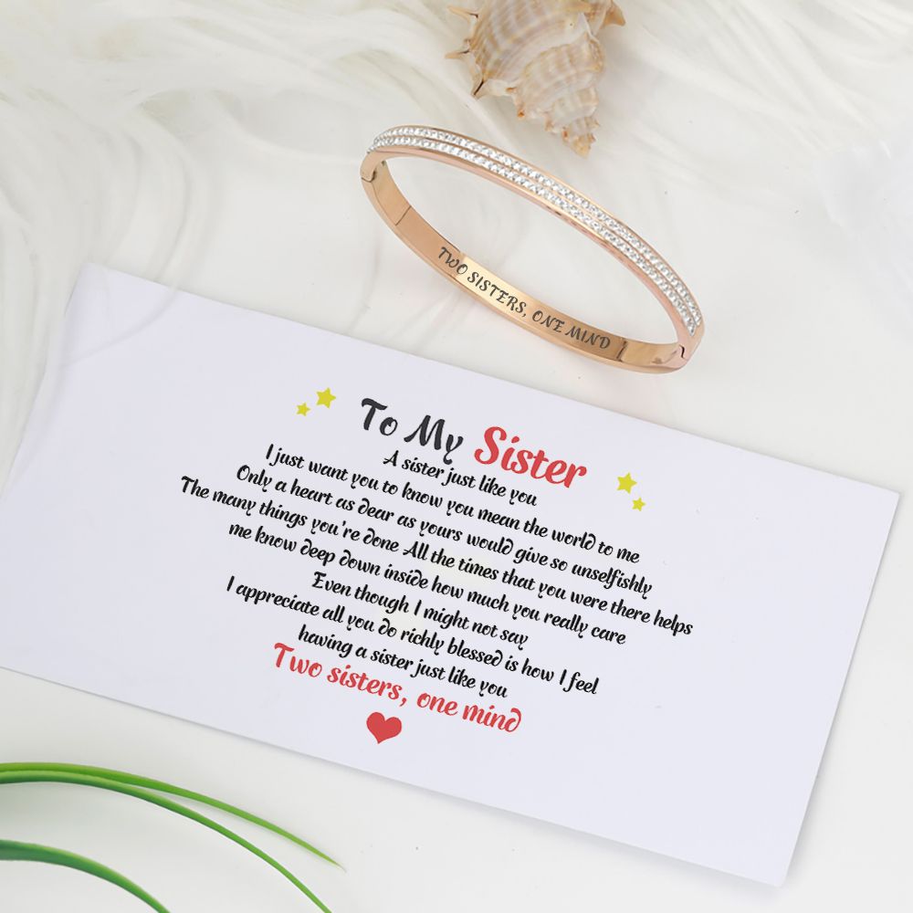 Gift card with Two Sisters One Mind message for sister bracelets
