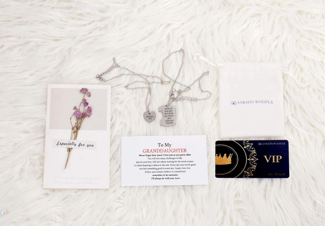 [Custom Name And Optional Address] To My GRANDDAUGHTER "there is this girl she stole my heart she calls me [NANA]" Combination Necklace [💞 Necklace +💌 Gift Card + 🎁 Gift Box + 💐 Gift Bouquet] - SARAH'S WHISPER